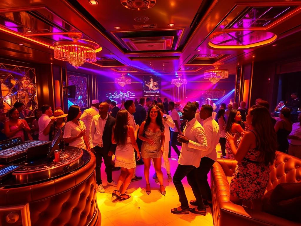A glamorous nightclub scene in Abuja, showcasing a vibrant dance floor with people enjoying themselves. The atmosphere is filled with colorful lights and a DJ booth, exuding energy and excitement. The focus is on a group of stylishly dressed individuals having a great time, surrounded by luxurious decor and high-end furnishings. The image should convey a feeling of exclusivity and nightlife excitement.