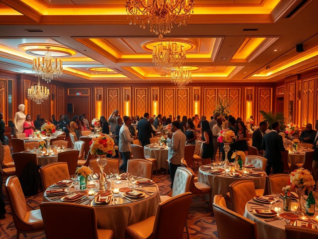 An elegant party setup in Abuja with lavish decorations, tables adorned with beautiful centerpieces, and a lively atmosphere. The scene includes guests mingling and enjoying themselves, with a backdrop of upscale lighting and stylish furniture. The image captures the essence of celebration, showcasing a festive environment filled with joy and luxury.