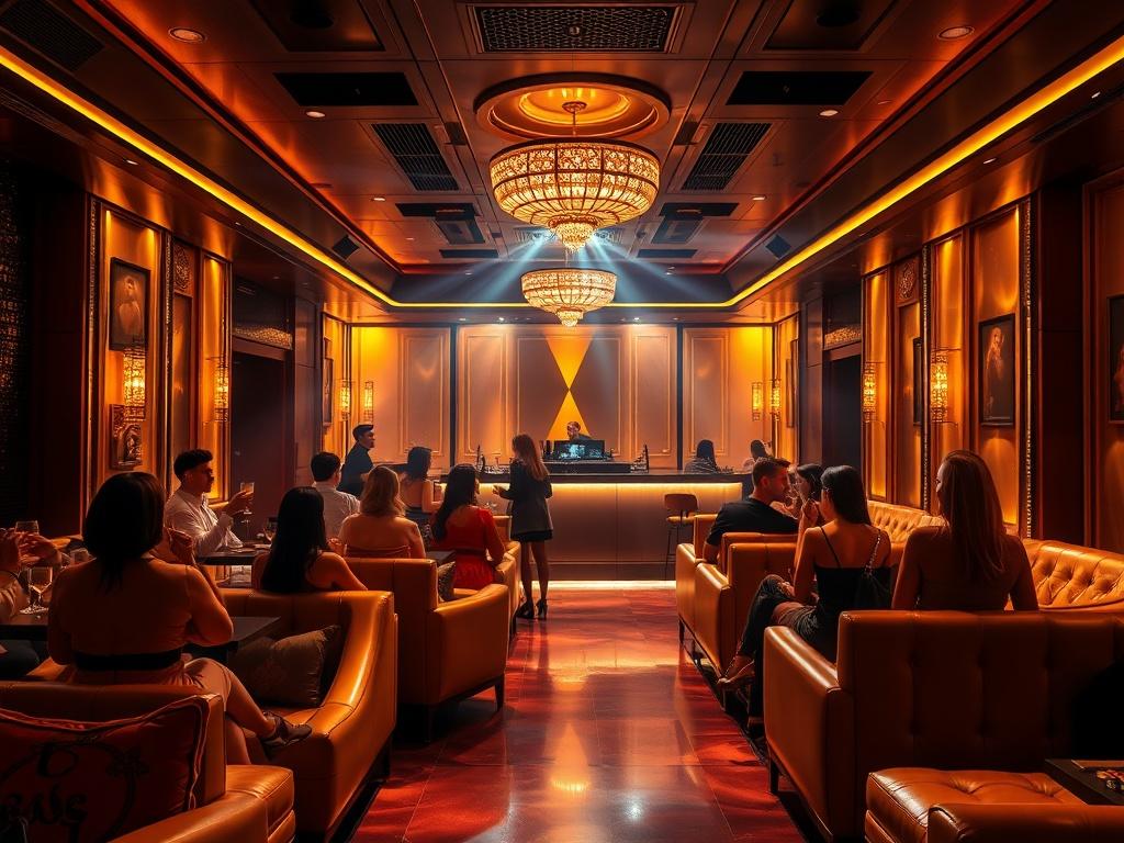 An upscale nightclub interior showcasing a stylish VIP area with rich golden tones and plush seating. The scene captures lively patrons enjoying their drinks, with a DJ booth in the background. The lighting is soft and elegant, creating an inviting atmosphere for a vibrant nightlife experience.