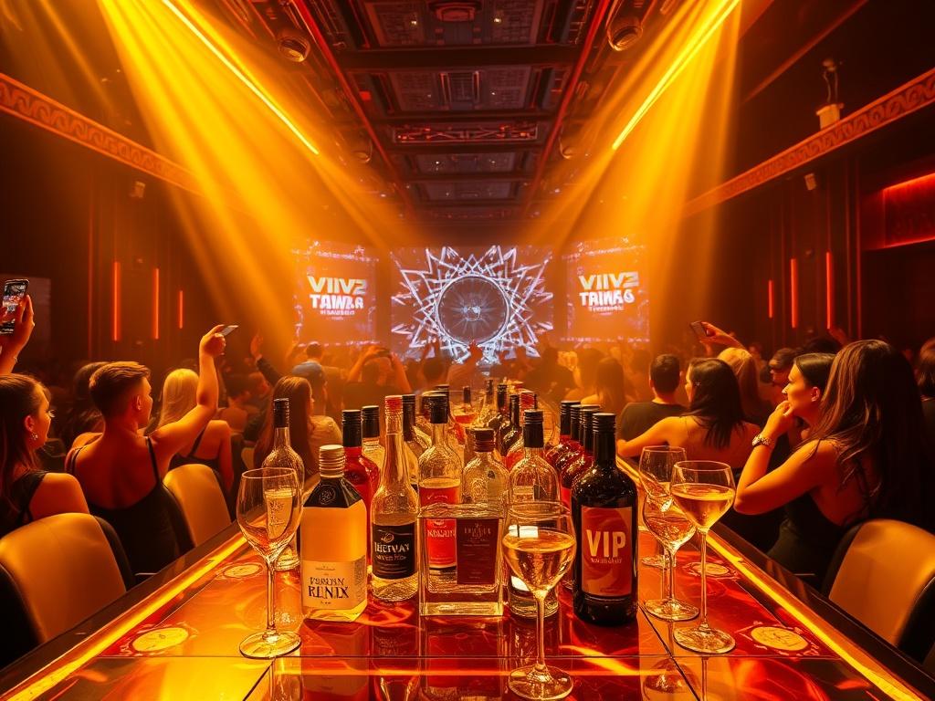 A high-energy nightclub scene emphasizing a VIP table setup with stylish decor, glowing lights, and an enthusiastic crowd. The table is adorned with premium bottles and glasses, showcasing an upscale party atmosphere. The DJ is visible in the background, contributing to the vibrant nightlife experience.