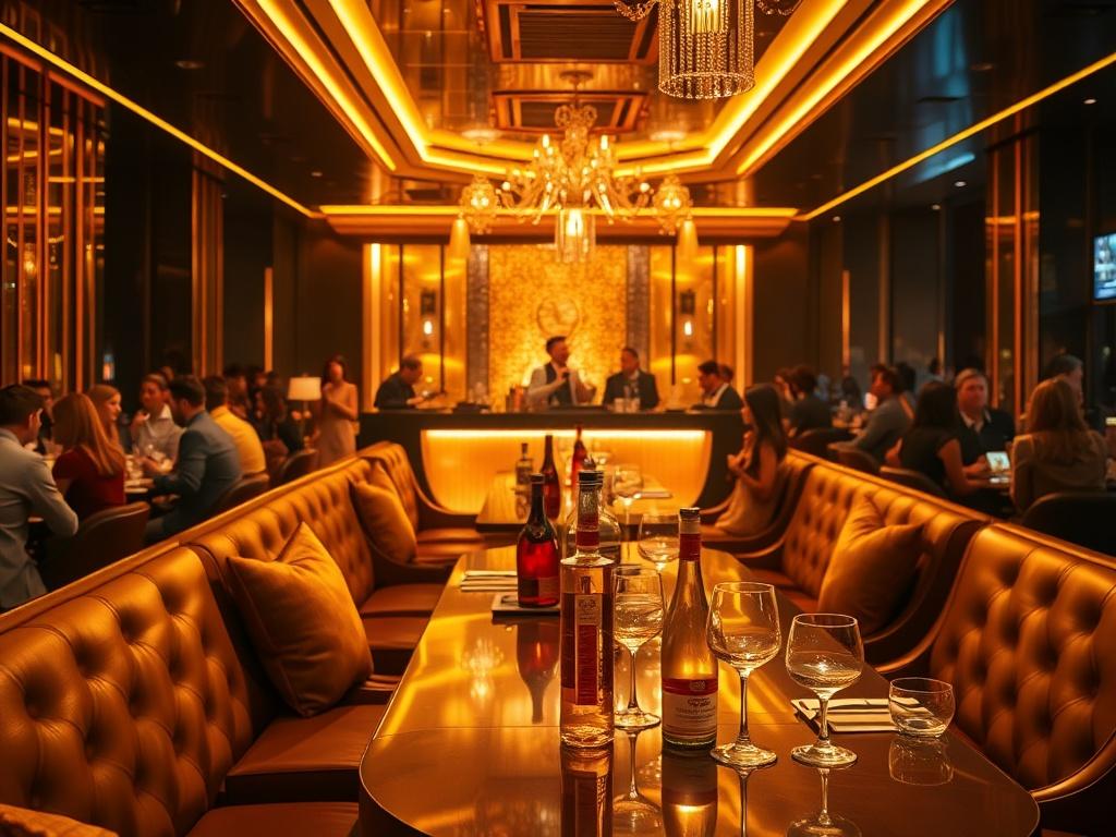 A glamorous nightclub scene featuring a luxurious table setting with plush seating, golden tones, and sleek lighting. The atmosphere is vibrant with stylish patrons enjoying drinks and a live DJ in the background. The focal point is a beautifully arranged table with elegant bottles and glasses, reflecting a high-end nightlife experience.