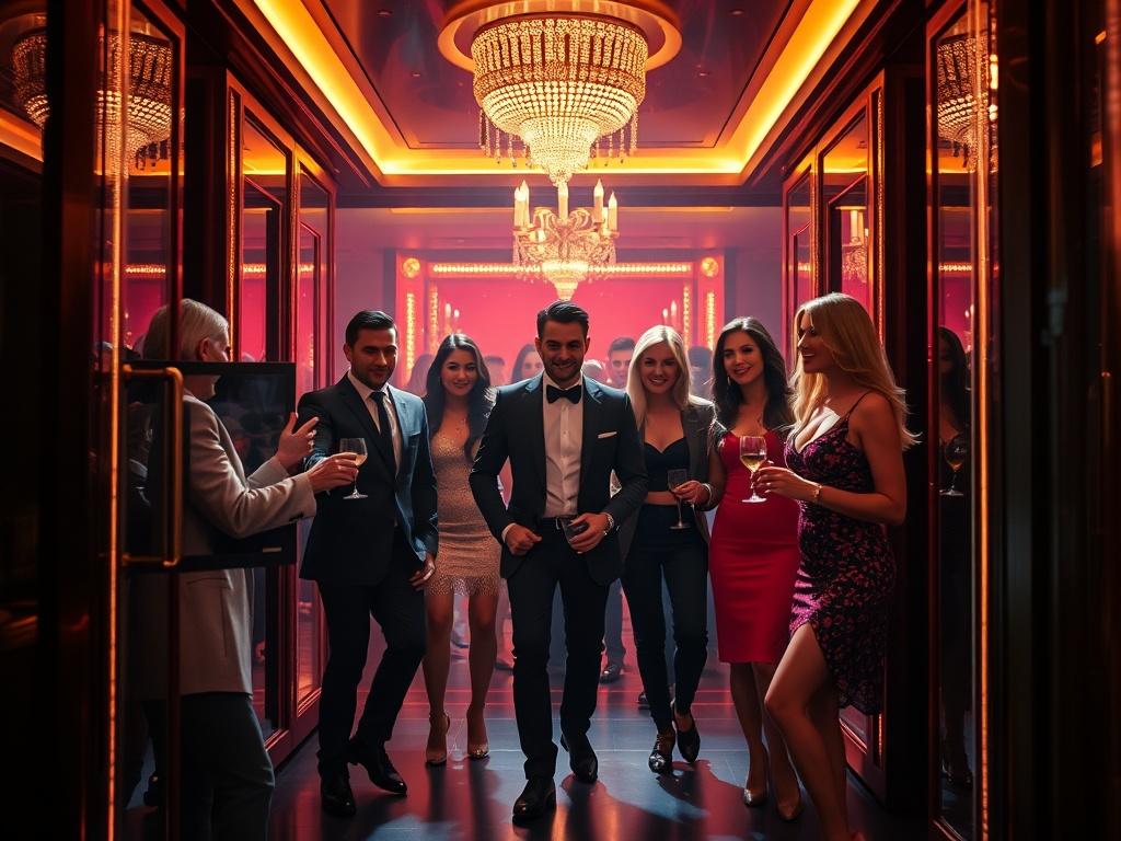 A group of friends being escorted into an exclusive nightclub