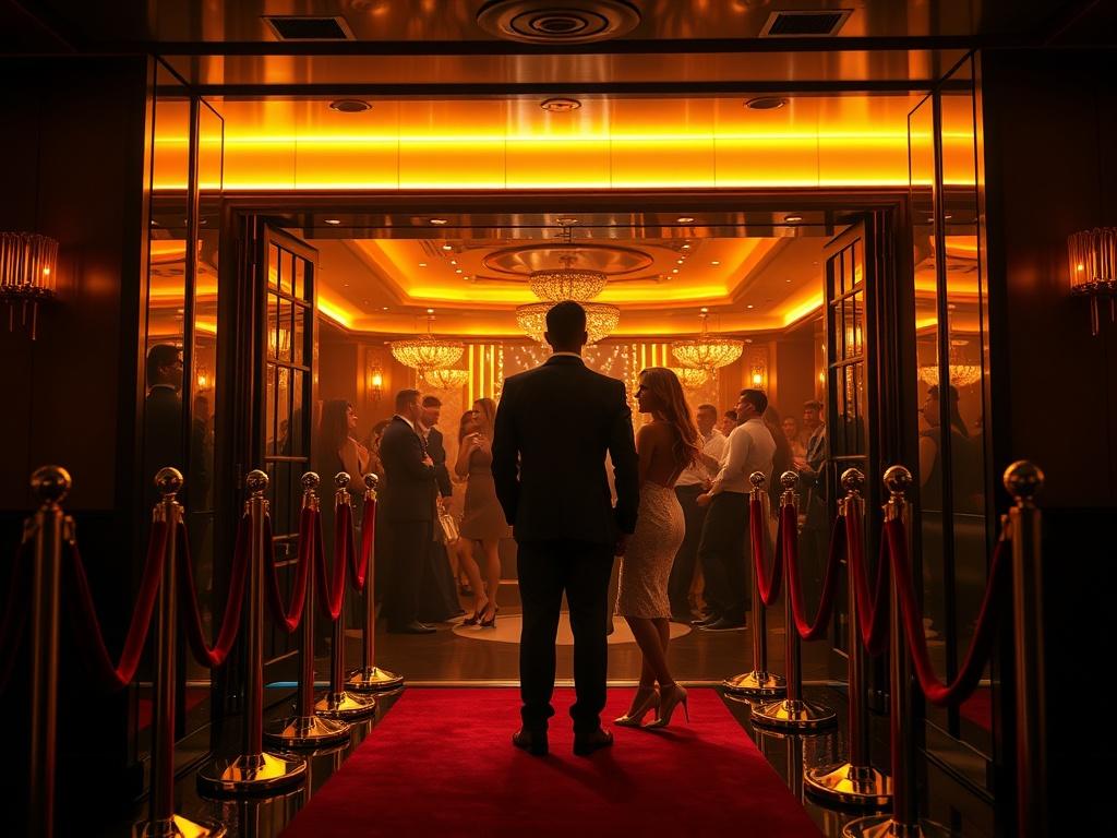 A luxurious nightclub entrance with velvet ropes and a bouncer