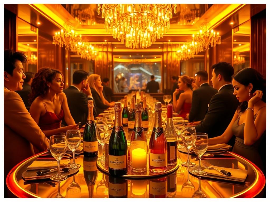 A glamorous nightclub scene featuring a luxurious table setting with