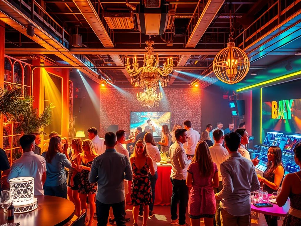 A lively party scene where guests are enjoying a custom celebration in a stylish venue. The image shows a beautifully decorated space with vibrant colors, cheerful guests mingling, and various entertainment options available. The atmosphere exudes joy and excitement, illuminated with golden lighting.