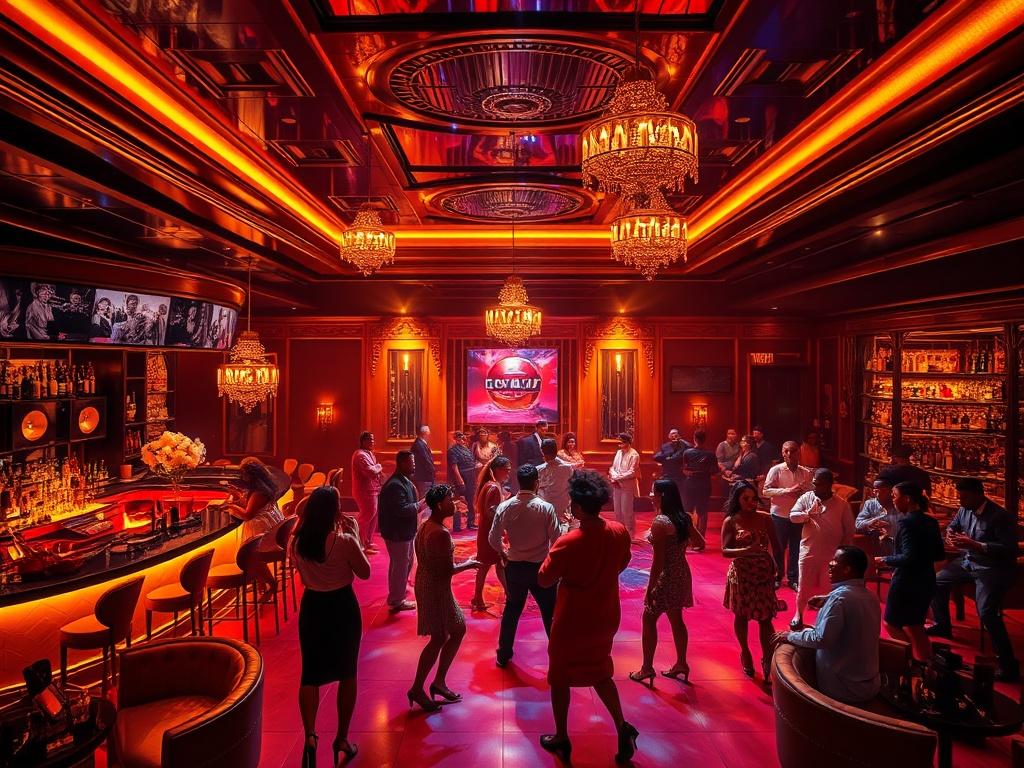 A glamorous scene inside an exclusive nightclub in Abuja, showcasing a beautifully decorated bar with sparkling lights and elegantly dressed patrons enjoying their night. The focus is on a vibrant dance floor with people dancing joyfully, surrounded by luxurious seating areas and a lively atmosphere, all rendered in rich golden tones.