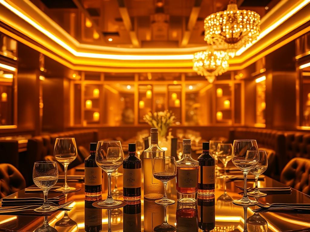 A high-resolution photo showing a luxurious table setup in a nightclub, adorned with elegant bottles, stylish glassware, and ambient lighting. The scene should reflect a glamorous night out atmosphere with rich golden tones, highlighting the exclusivity and comfort of a private VIP table.