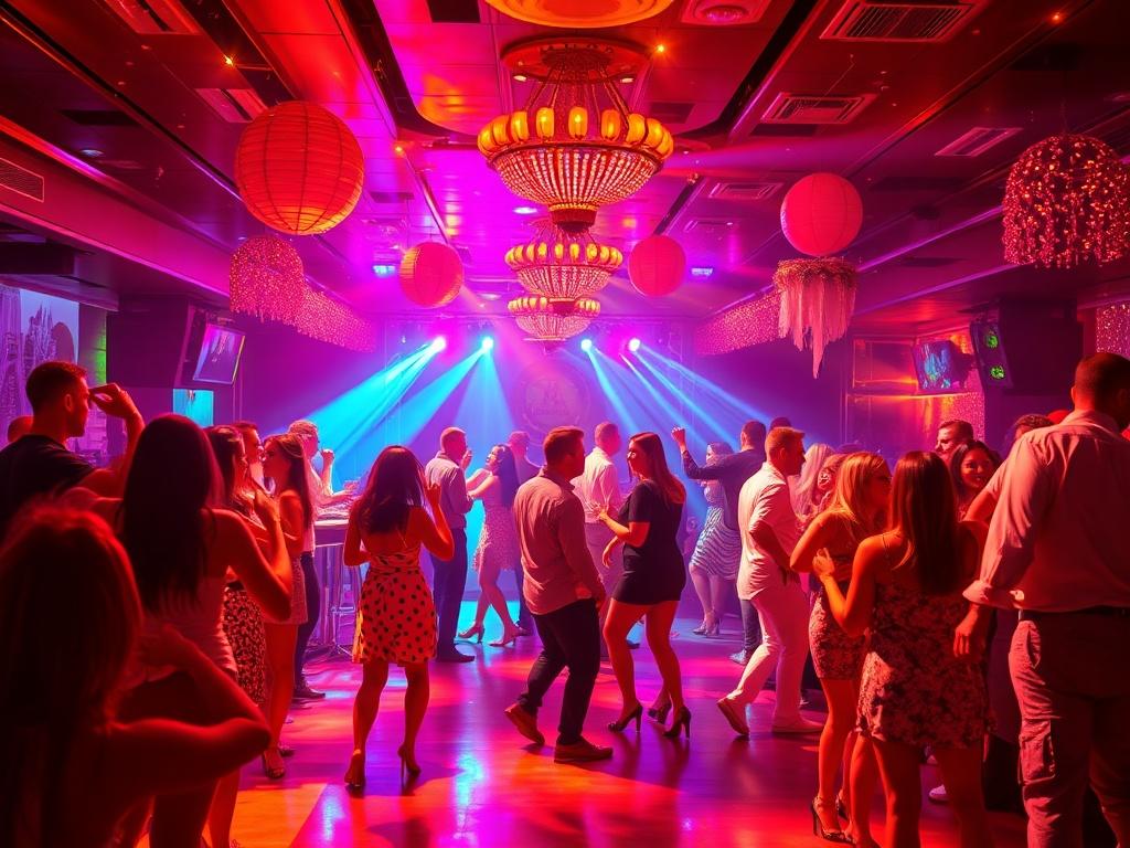 A high-resolution photo portraying a vibrant and festive party scene in a nightclub, showcasing guests dancing, colorful lights, and custom decorations. The image should capture the excitement and joy of a personalized party atmosphere with rich golden tones and sleek lighting.