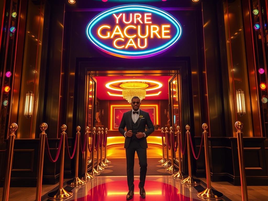 A high-resolution photo of a glamorous nightclub entrance in Abuja, featuring an elegantly dressed bouncer, velvet ropes, and a vibrant, colorful neon sign. The scene should capture an upscale atmosphere with rich golden tones and sleek lighting, emphasizing the exclusivity and luxury of the experience.
