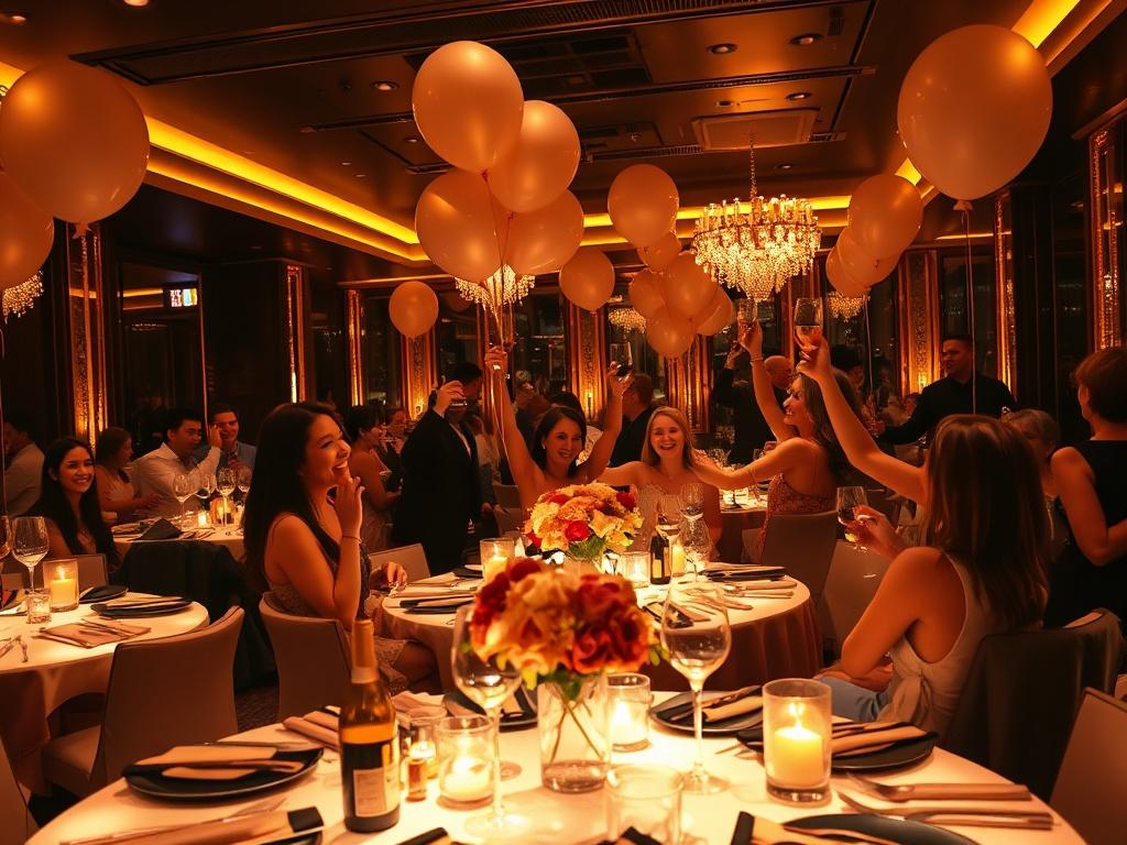 A festive party scene in an upscale nightclub, showcasing elegantly decorated tables with balloons and flowers. Guests are seen celebrating with drinks raised, laughter, and a vibrant atmosphere. Sleek lighting in rich golden tones enhances the luxurious feel of the event, drawing attention to the joyous celebration.