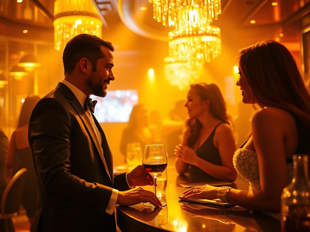 An elegant personal host attending to guests in a luxurious nightclub setting. The host is seen engaging warmly with party-goers, ensuring they feel special and catered to. The ambiance is vibrant, with rich golden tones and sleek lighting, creating an upscale nightlife experience.