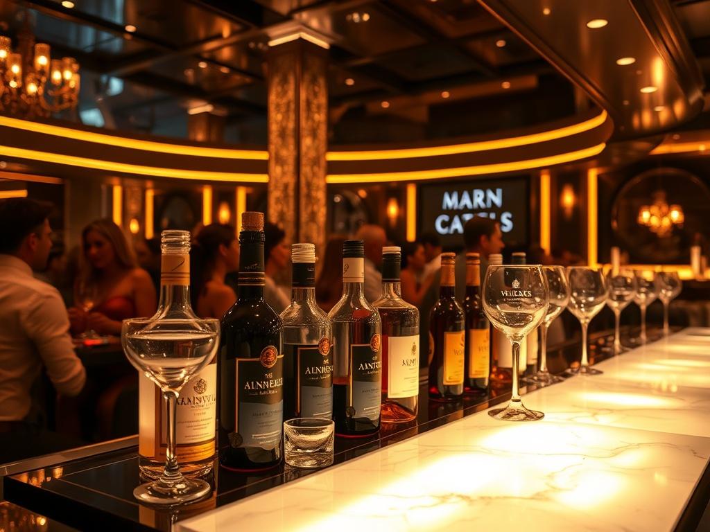 A luxurious nightclub setting featuring a beautifully lit table with a selection of premium bottles and elegant glassware. The atmosphere exudes glamour with sleek lighting and rich golden tones, highlighting the opulence of the VIP experience. The background captures an upscale crowd enjoying their night, creating an inviting and vibrant nightlife scene.