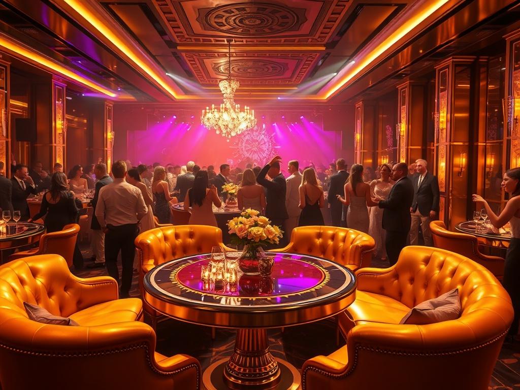 A luxurious nightclub scene featuring a single opulent table with gold accents and plush seating, surrounded by vibrant lighting and glamorous decor. The background showcases a lively dance floor filled with elegantly dressed people enjoying the music. The atmosphere is rich with golden tones, exuding a sense of exclusivity and excitement.