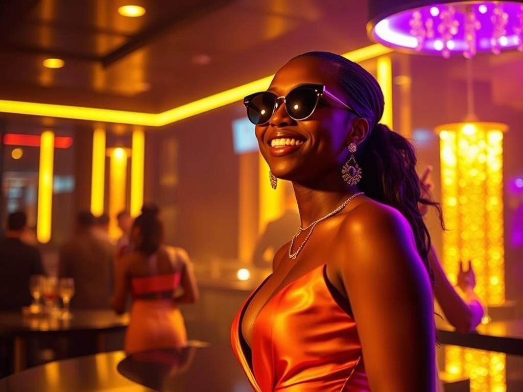 **AI Image Generation Prompt:**

Create a realistic high-resolution photo of a stylishly dressed individual enjoying a vibrant nightlife scene in Abuja. The subject should be in the foreground, exuding a sense of excitement and luxury, dressed in elegant evening attire. The background should depict a chic nightclub with dim, sleek lighting, featuring a rich golden ambiance that suggests an upscale atmosphere. Include subtle hints of other patrons enjoying themselves—perhaps silhouettes or blurred figures to