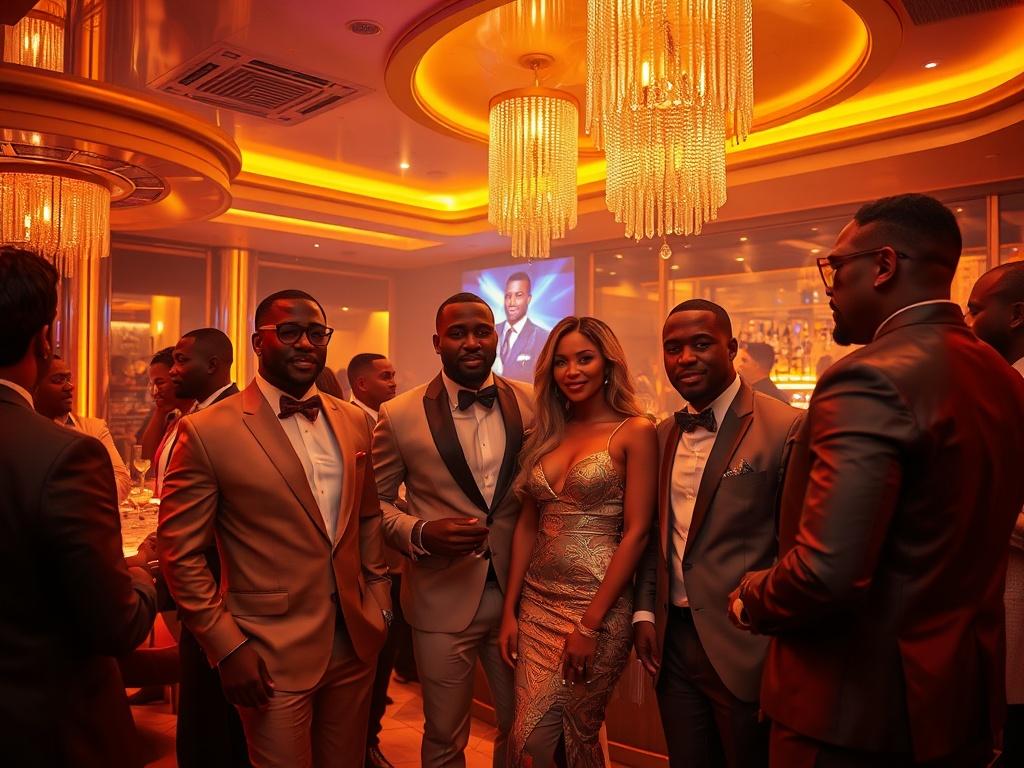 A glamorous high-resolution photo capturing a luxurious nightclub scene in Abuja. The image features a stylishly dressed group of friends enjoying the nightlife, surrounded by elegant decor and sleek lighting. The atmosphere exudes exclusivity and sophistication, with rich golden tones dominating the palette. The background showcases a well-stocked bar and vibrant dance floor, enhancing the upscale ambiance.