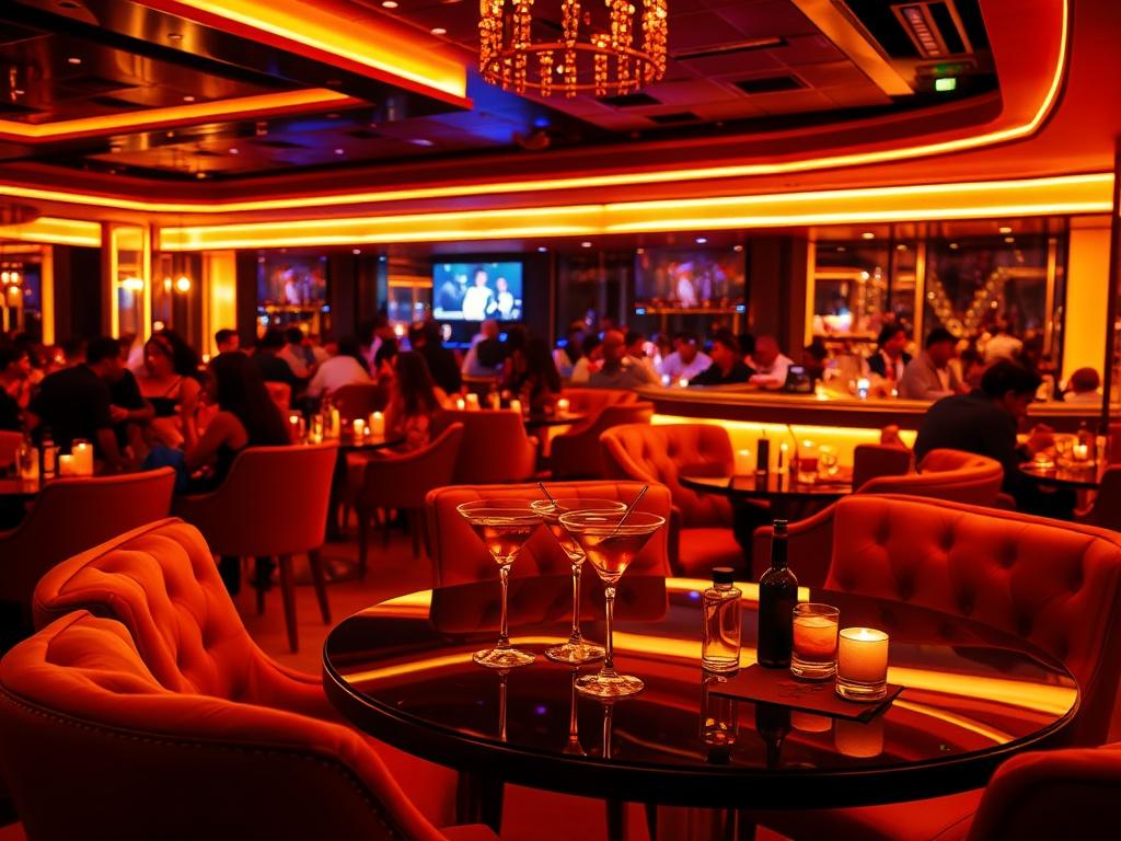 A high-resolution image of a luxurious nightclub interior in Abuja, showcasing sleek lighting, plush seating, and an upscale atmosphere. Focus on an elegant table setting with stylish drinks, surrounded by vibrant crowds enjoying the night. The lighting should create a glamorous ambiance, highlighting the rich golden tones and deep reds, emphasizing exclusivity and luxury.