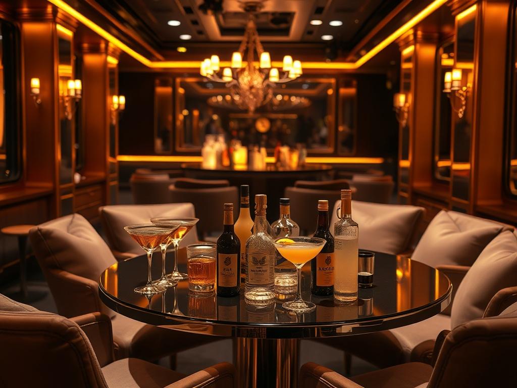 A high-resolution image showcasing an elegant VIP table setup in a trendy nightclub. The table should be filled with stylish cocktails and premium bottles, surrounded by comfortable seating and a glamorous ambiance. The lighting should create a warm and inviting atmosphere, emphasizing luxury and exclusivity.