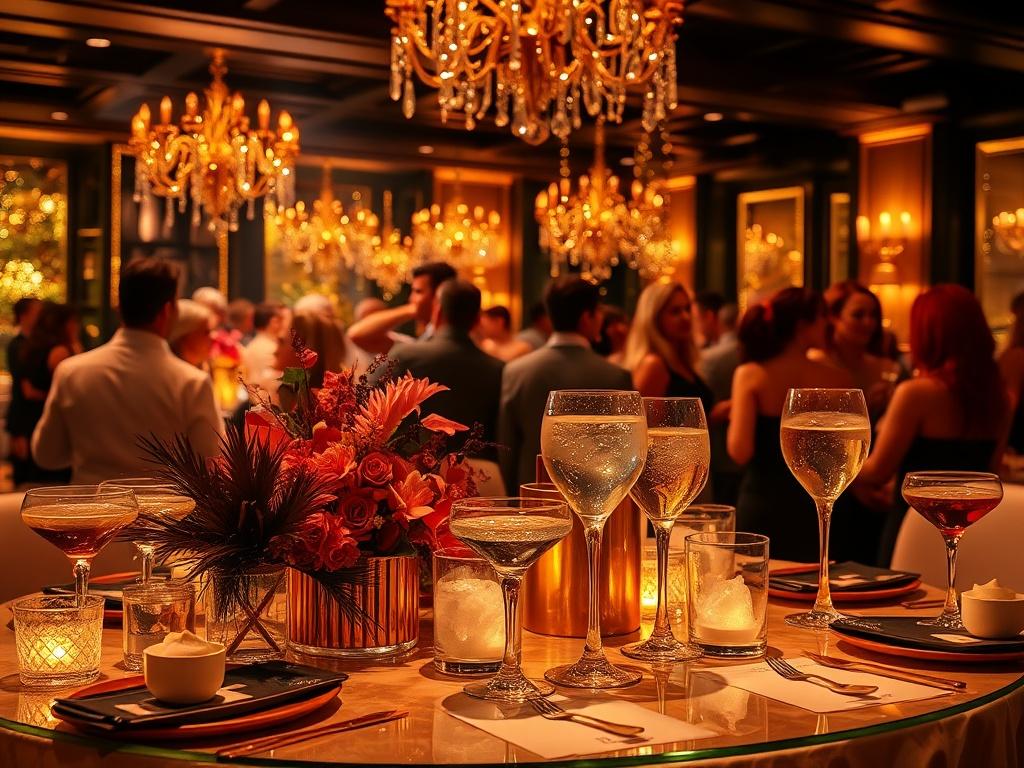 A high-resolution image capturing a vibrant party scene in an upscale venue. The focus should be on a beautifully decorated table adorned with stylish party decor, luxurious drinks, and a festive atmosphere. The background should feature guests enjoying the celebration, with rich golden tones and sleek lighting enhancing the excitement and elegance of the event.