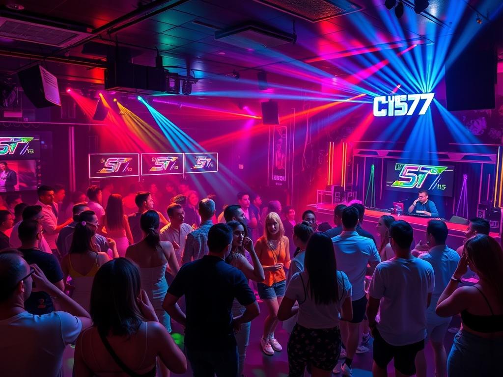 A vibrant nightclub scene showcasing Club 57, with energetic people dancing, colorful lights illuminating the room, and a DJ performing on stage. The atmosphere is lively and festive, filled with excitement and a sense of exclusivity, captured in high-resolution detail.