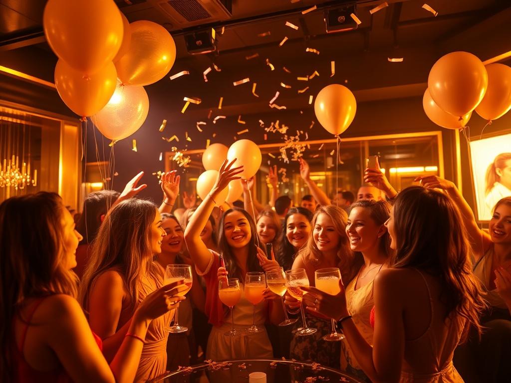 A vibrant party scene in a luxury nightclub, featuring a group of friends celebrating with balloons, confetti, and drinks. The atmosphere should be lively and fun, showcasing the joy of a special occasion. Rich golden tones should dominate the lighting and decor.