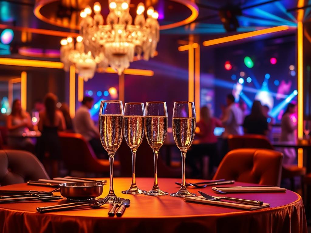 An elegant table set up in a luxury nightclub, adorned with sparkling champagne glasses and exquisite decor. The background features a lively atmosphere with colorful lights and people dancing, highlighting the vibrant nightlife. The image should exude glamour and exclusivity.