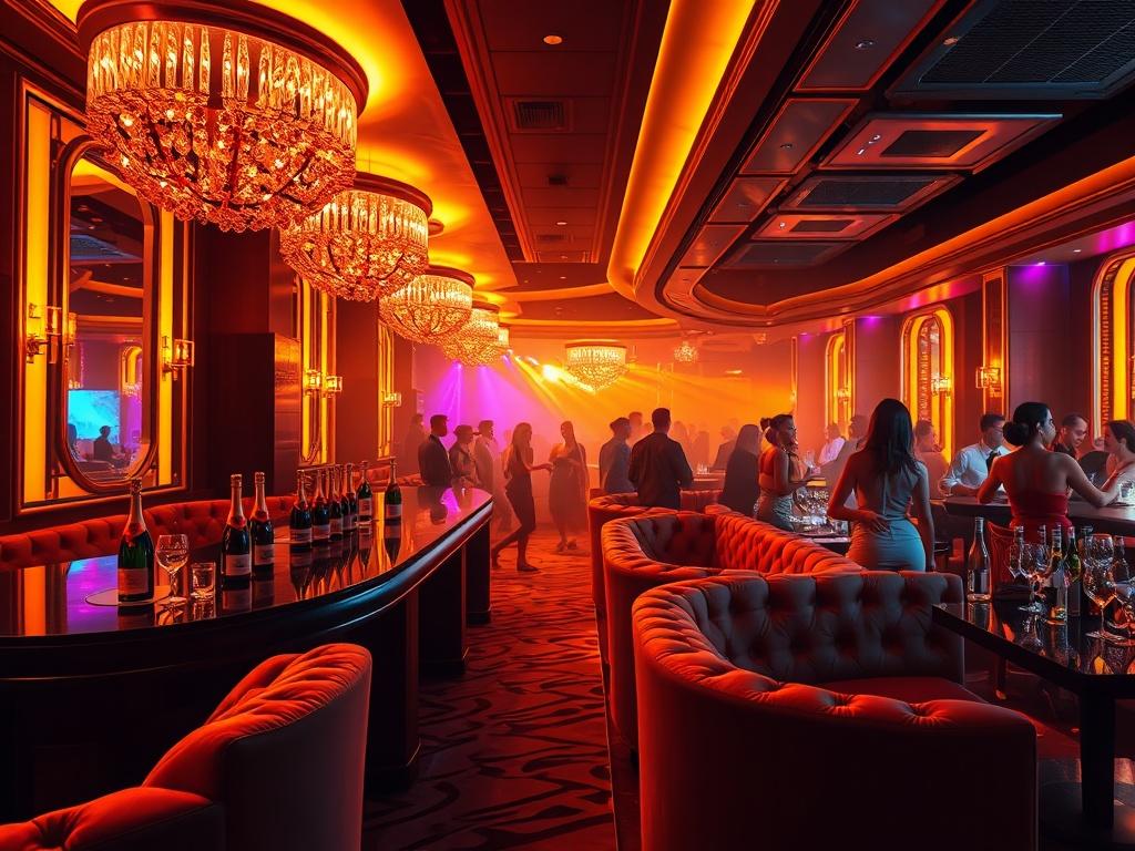 A luxurious nightclub scene with vibrant lights and elegant decor, featuring a stylish VIP section with plush seating and champagne bottles. The background showcases a lively dance floor, with people enjoying themselves. The lighting should create a glamorous atmosphere with rich golden tones.