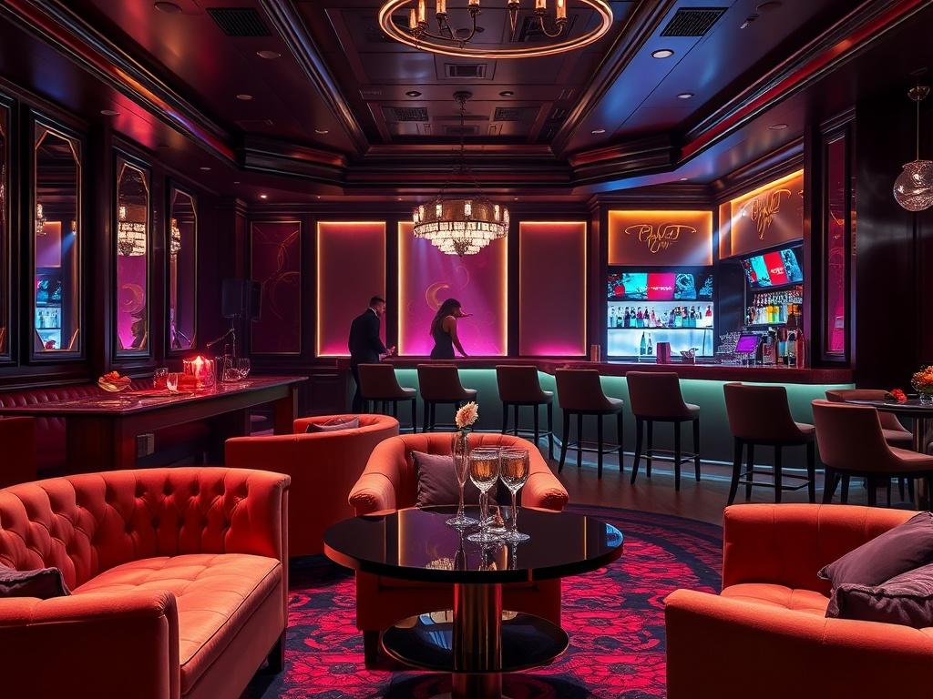 An elegant shot of The Velvet Lounge, featuring plush seating, stylish decor, and a bar with colorful cocktails. Dancers are performing in the background, creating an atmosphere of luxury and indulgence. The lighting is soft and inviting, emphasizing the lounge's upscale vibe.