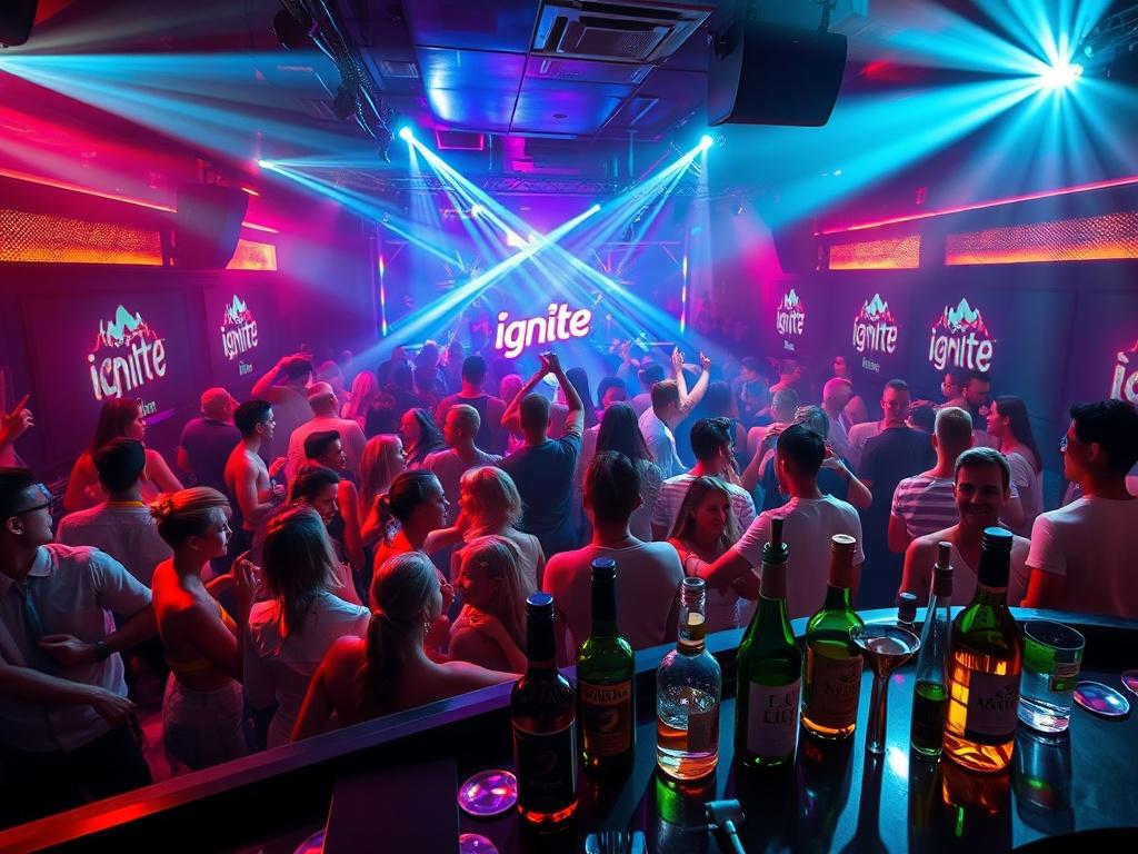 A dynamic scene inside Ignite Club, highlighting a packed dance floor with energetic people dancing. Bright lights and vibrant colors fill the space. In the foreground, a VIP table with bottles and drinks creates an exciting and celebratory atmosphere.