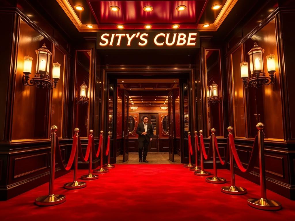The entrance of an upscale strip club with a red carpet leading to the door, surrounded by elegant lighting and velvet ropes. The scene should depict a bouncer welcoming guests with a smile, creating an atmosphere of exclusivity and excitement. The exterior should be visually striking, inviting patrons to enter.