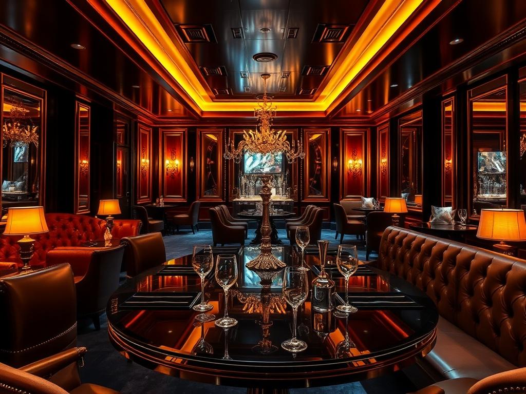 A luxurious interior of a high-end strip club with plush seating, dim lighting, and glamorous decor. The scene should feature a stylish table set for VIP guests, showcasing champagne and elaborate glassware. The atmosphere should exude elegance and exclusivity, with rich golden tones and sleek lighting enhancing the upscale ambiance.