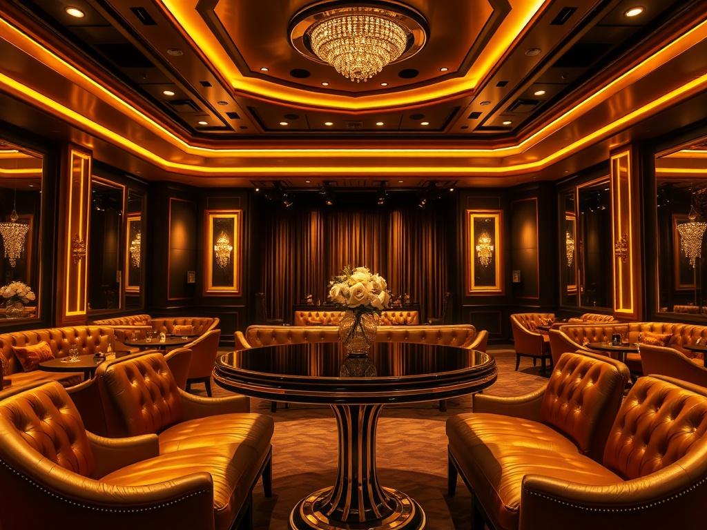 A luxurious and glamorous interior of a high-end strip club, featuring sleek lighting and rich golden tones. The focal point is an elegantly designed table with plush seating, surrounded by opulent decor. The background showcases a stage with subtle lighting effects, creating an inviting atmosphere. The overall composition exudes an upscale vibe, emphasizing exclusivity and sophistication, with no text or abstract shapes.