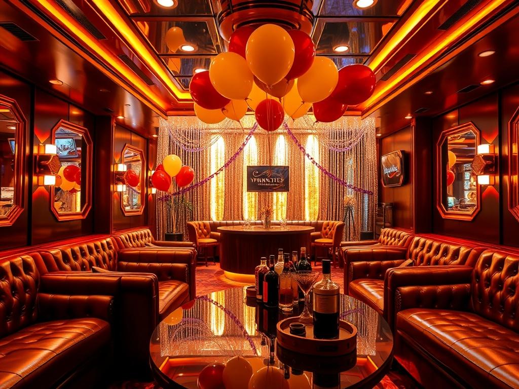 An elegantly decorated private area within a vibrant strip club, featuring luxurious seating and ambient lighting. The scene should include a festive setup with balloons and banners, showcasing a celebratory atmosphere. A table with premium bottles and mixers should be prominently displayed, creating an inviting setting for guests.