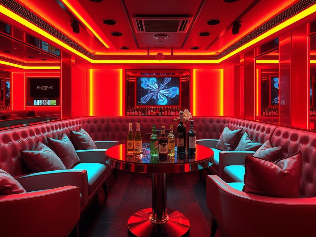 A high-resolution image of a luxurious VIP table setup at a nightclub, featuring elegant seating, premium bottles, and ambient lighting. The scene captures the essence of a vibrant nightlife atmosphere with bold colors, showcasing an inviting and exclusive environment. The focus should be on the table arrangement, emphasizing comfort and style, while keeping the background minimalistic to highlight the luxurious details.