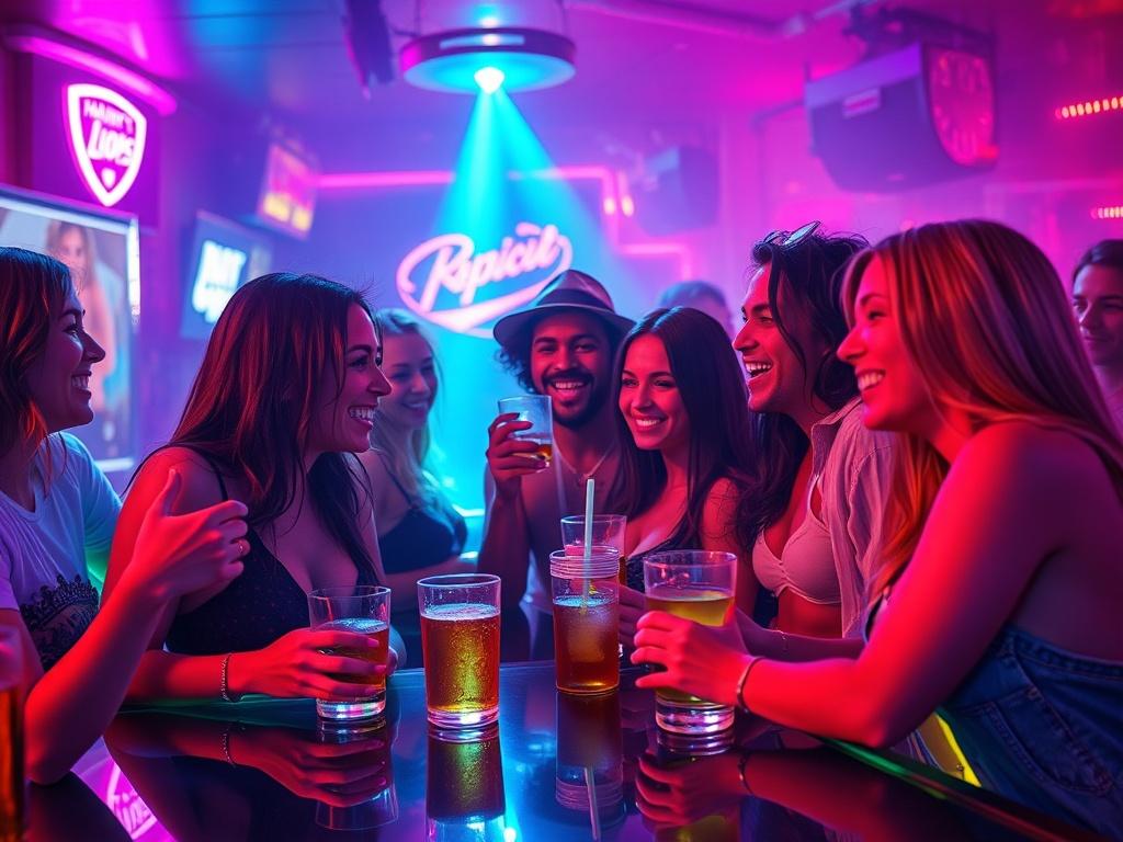 A high-resolution image depicting a lively group of friends celebrating in a vibrant strip club setting, showcasing the fun atmosphere, colorful lights, and energetic vibe. Focus on the group enjoying themselves with drinks and entertainment, capturing the essence of a night out.