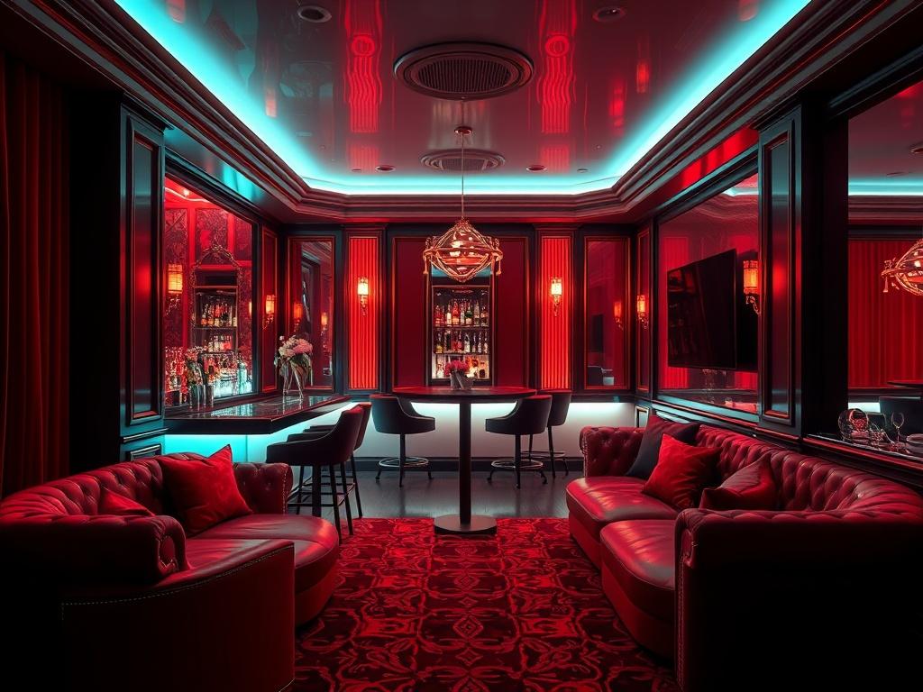 A realistic high-resolution image showcasing a luxurious private VIP room in a strip club, featuring elegant furnishings, mood lighting, and a dedicated service area. The atmosphere should exude sophistication and intimacy, with a focus on plush seating and a stylish bar setup.