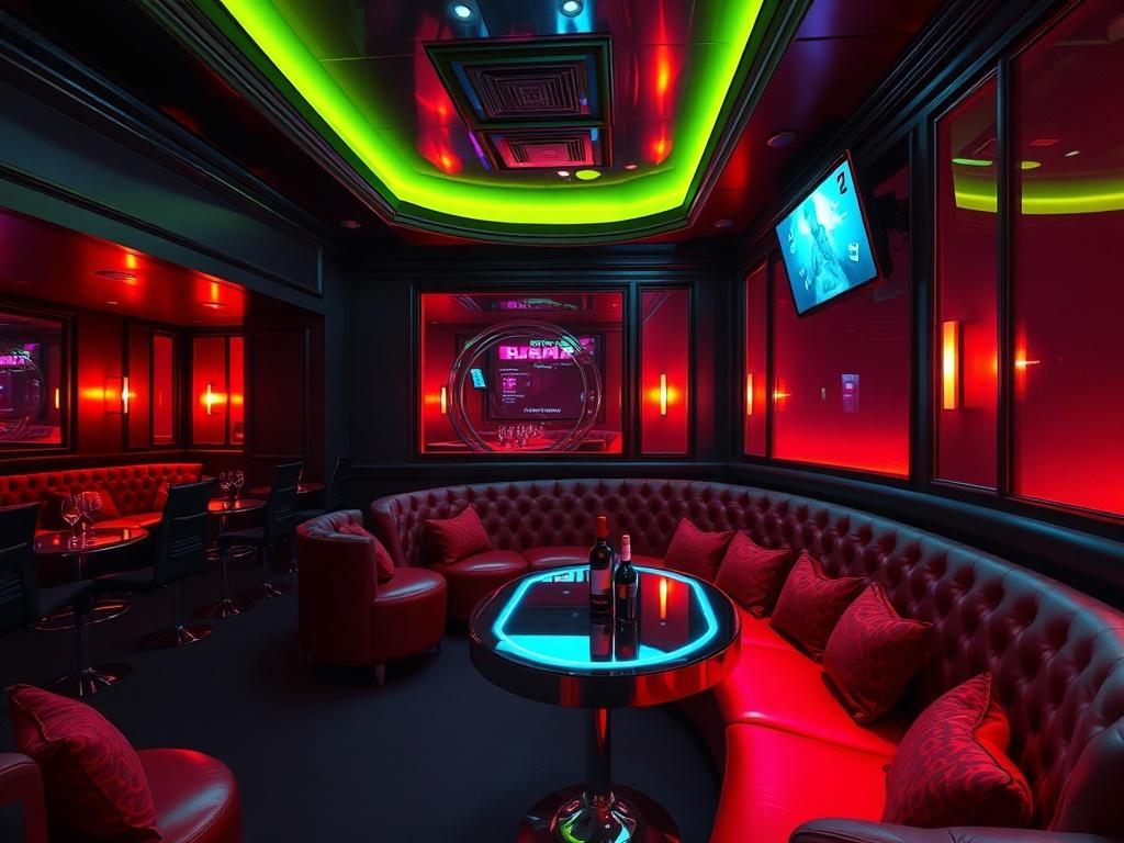 A high-resolution image of a stylish, dimly lit VIP section in a strip club, featuring plush seating, a bottle service table, and an elegant atmosphere. The focus should be on luxurious decor, with vibrant lighting casting a warm glow, and a sense of exclusivity and excitement in the air.