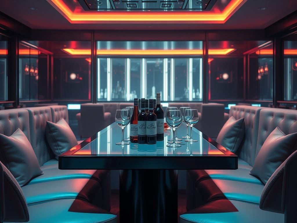 A high-resolution, photorealistic image of a luxurious nightclub VIP area. The composition should showcase a sleek table adorned with premium bottles and glasses, surrounded by plush seating and elegant décor. The background should feature soft, atmospheric lighting that enhances the vibrant nightlife feel, emphasizing an exclusive and upscale ambiance. The image should be minimalistic with clean lines, bold vibrant colors, and a focus on essential elements.