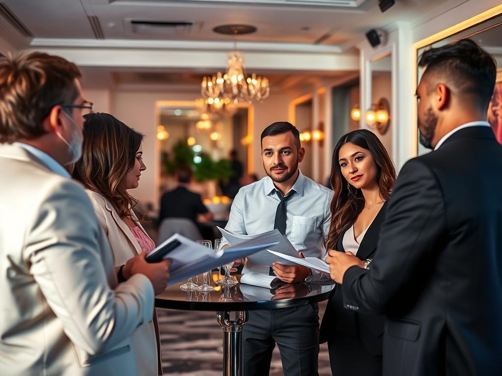 A professional event planner discussing details with clients in a