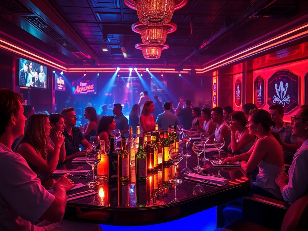 A luxurious VIP table in a bustling nightclub, elegantly set