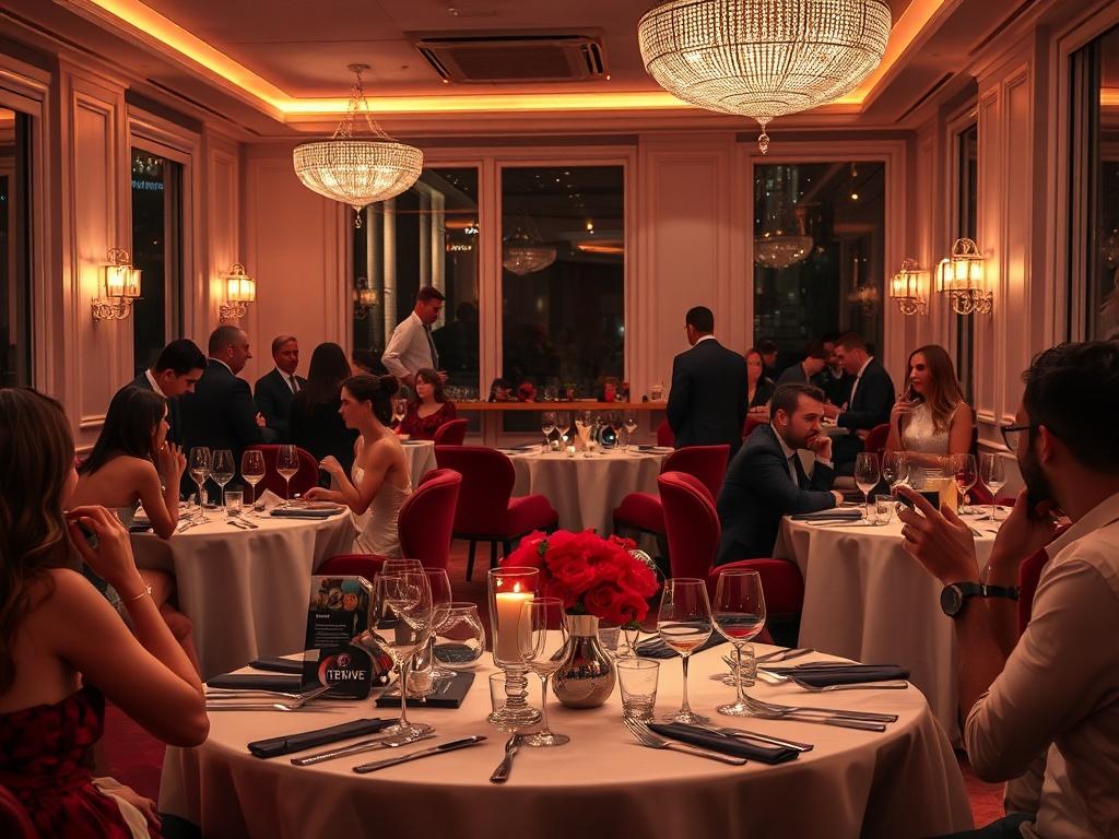 An elegant private party setup with beautifully arranged tables, dim