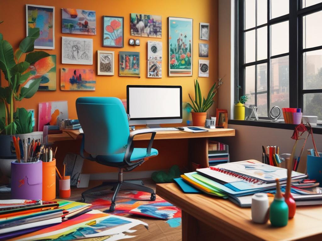 A vibrant, photorealistic image of an artistic workspace featuring colorful