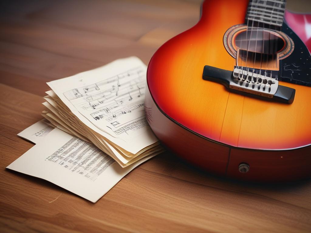 a realistic high resolution of a guitar and sheet music