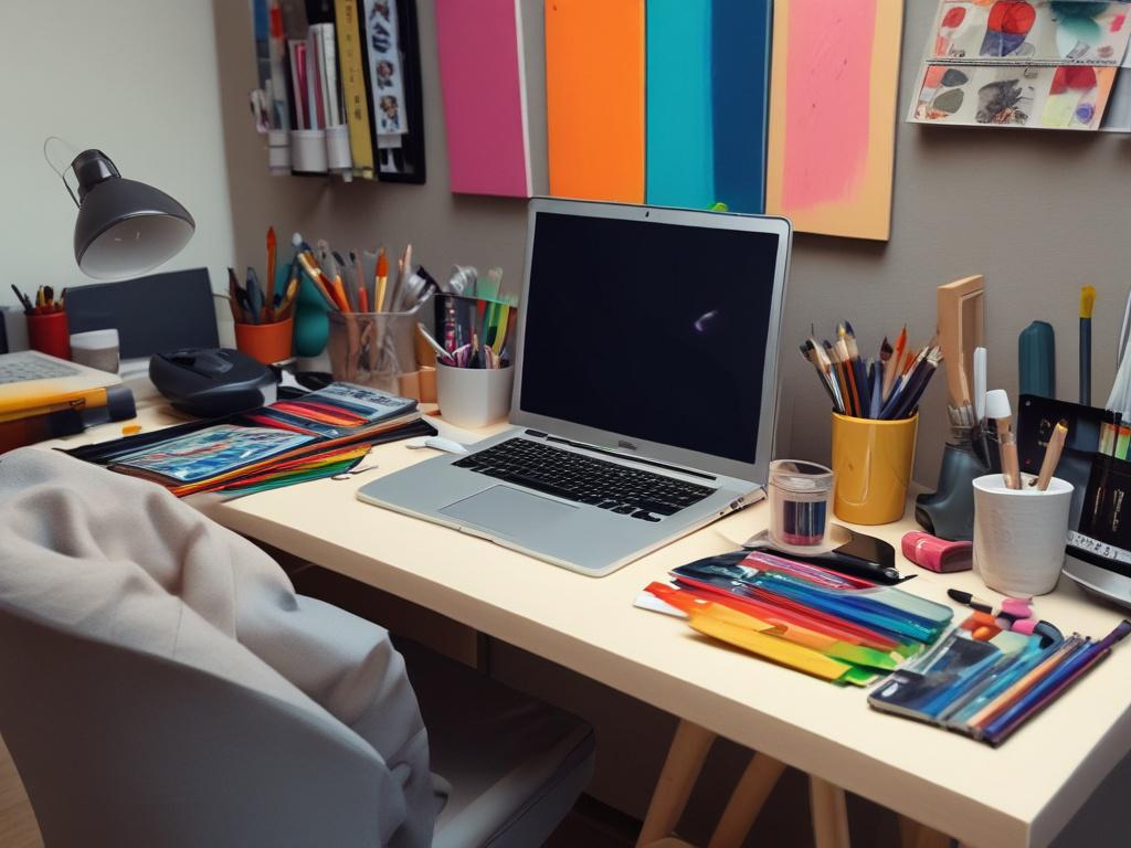 a realistic high resolution of an artist's workspace, featuring vibrant