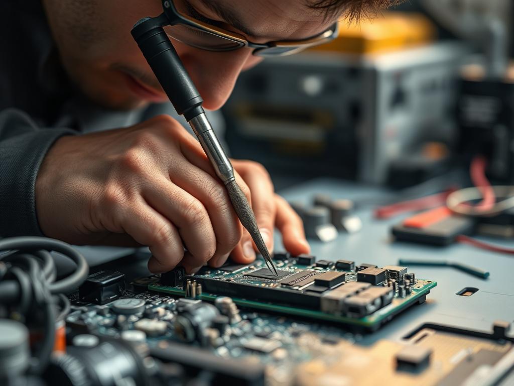 A close up shot of an automotive circuit board being