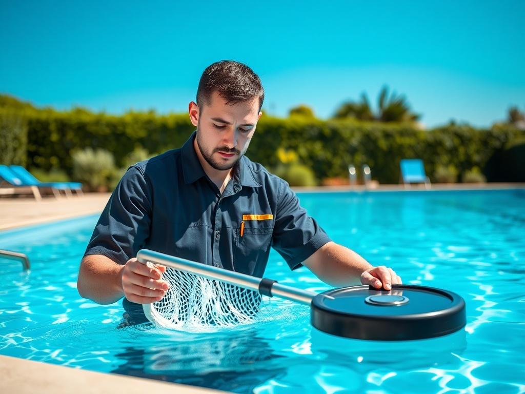 A professional pool technician in a uniform, using a net