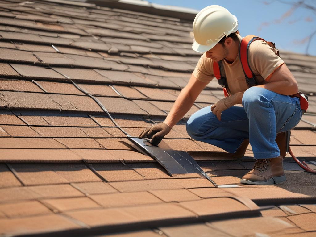 A skilled roofer inspecting a residential roof, focusing on the