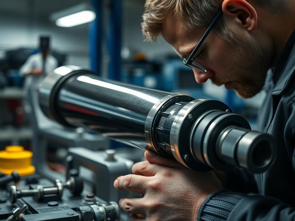 A close up shot of a hydraulic cylinder being serviced,
