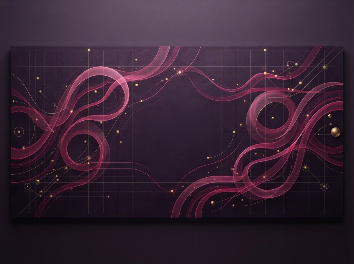 Translucent magenta and raspberry financial flows crossing a precise aubergine grid with gold data points