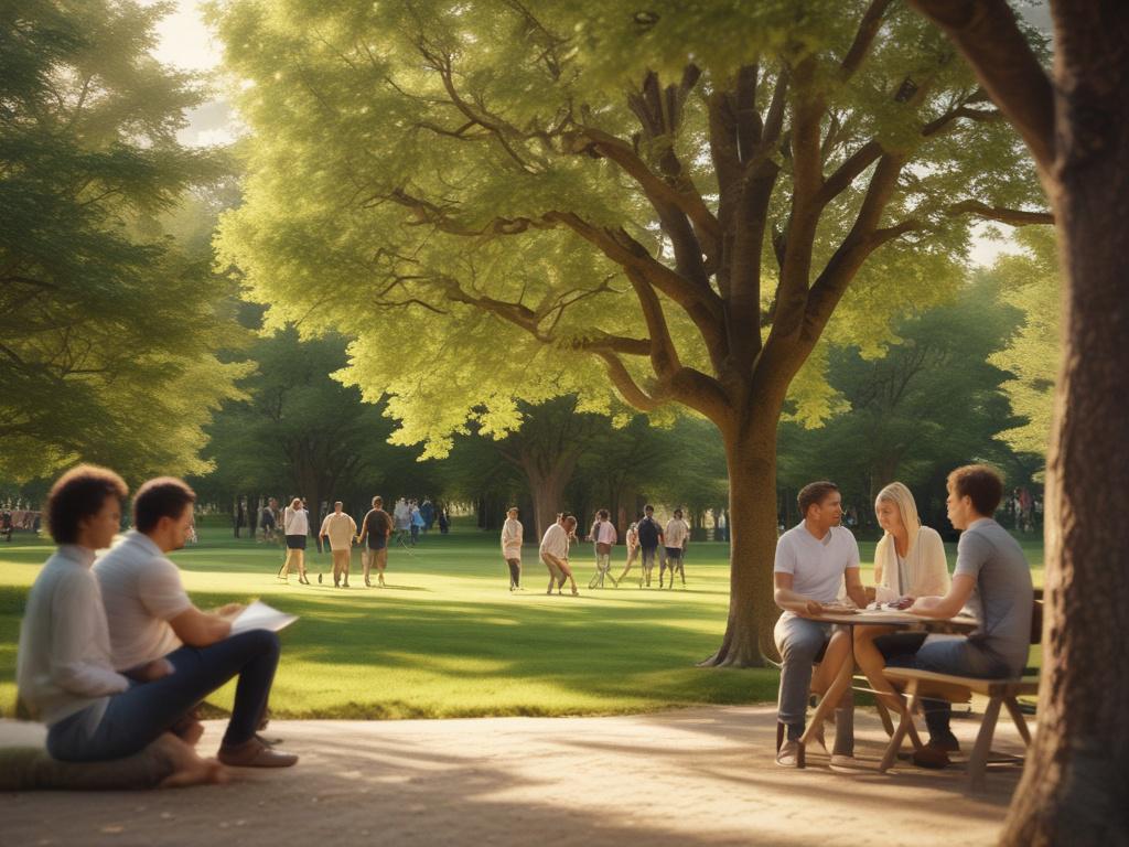 A serene scene depicting a community gathering, showing diverse individuals