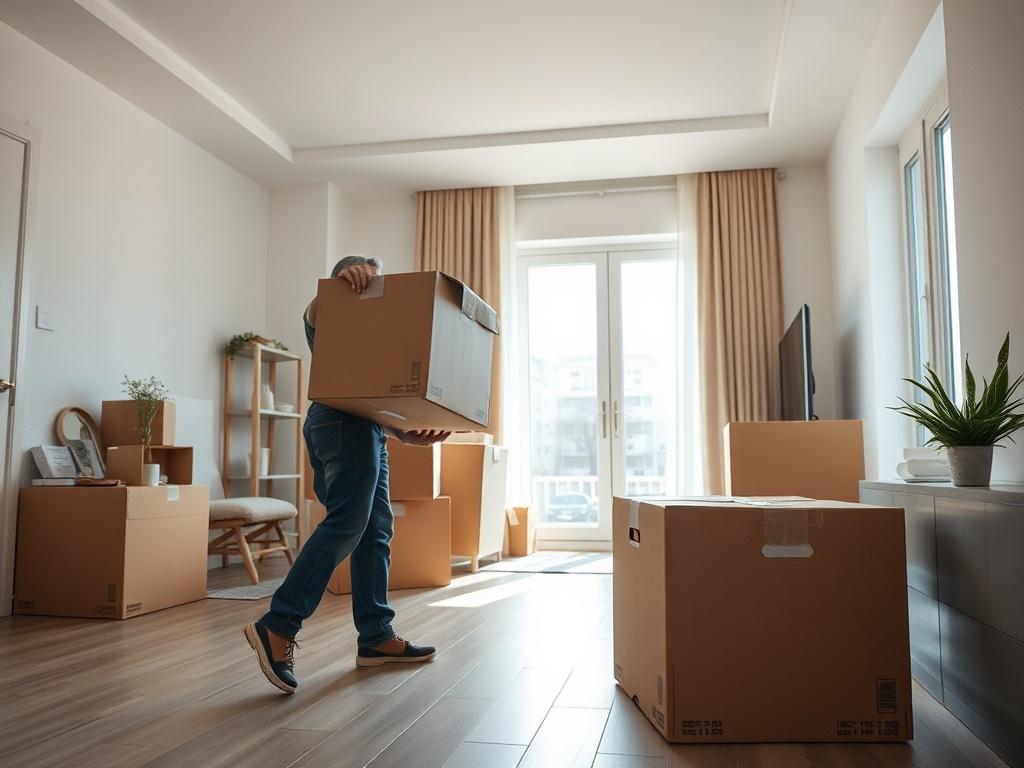 A realistic high-resolution photo of a spacious apartment interior being cleared out. The focus is on a professional mover carefully packing boxes and removing furniture. The background shows a bright, clean space with sunlight streaming through large windows, emphasizing a fresh and organized atmosphere. The image composition is simple and clear, capturing the dedication and efficiency of the moving service.
